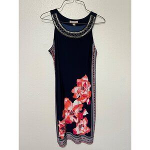 CB Established 1962 Dress Dark Navy with Pink White Floral Beaded Neckline Woman